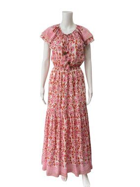 $358 Alicia Bell Pink Floral Maxi Cotton Silk Flutter Sleeve Dress size Small
